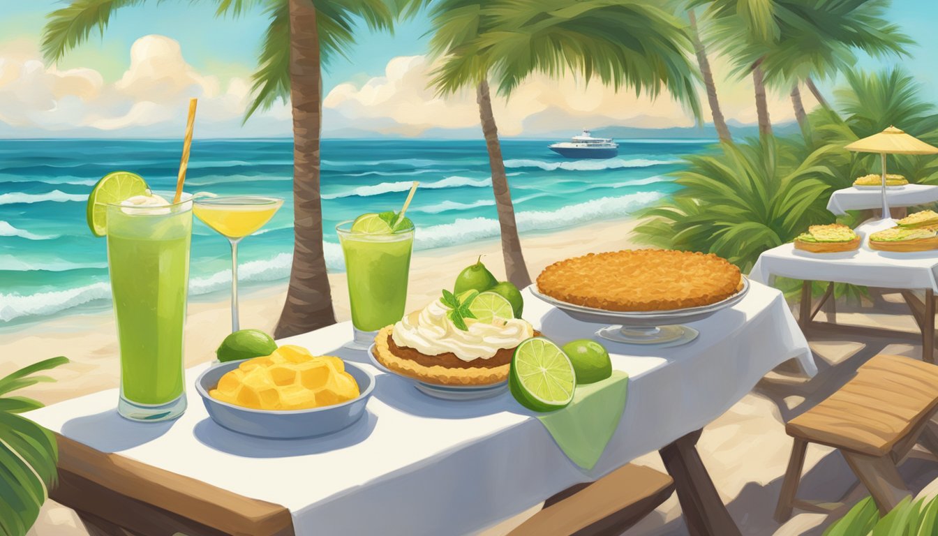 A vibrant scene of a Florida beach with a spread of key lime pie, conch fritters, and Cuban sandwiches, surrounded by palm trees and ocean waves