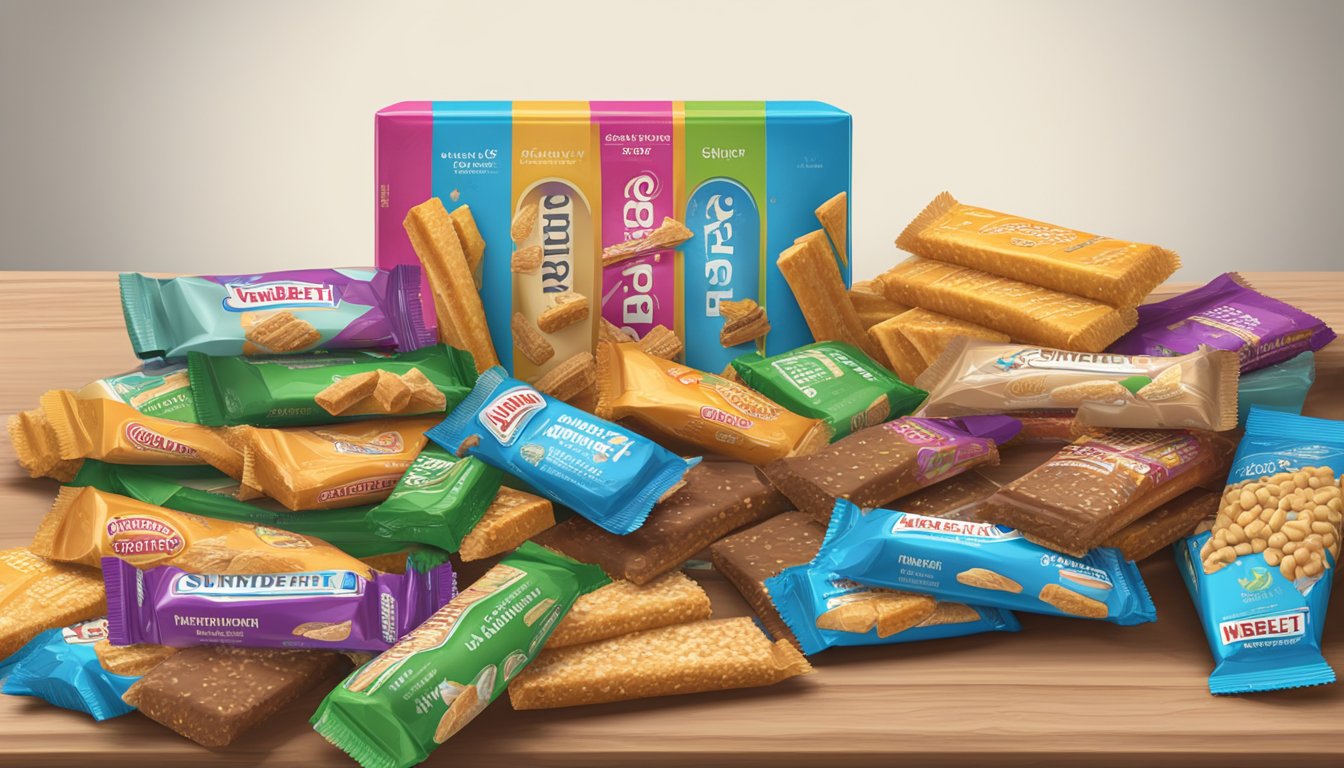 A table covered with empty wrappers of Sunbelt Bakery bars, surrounded by a pile of uneaten bars