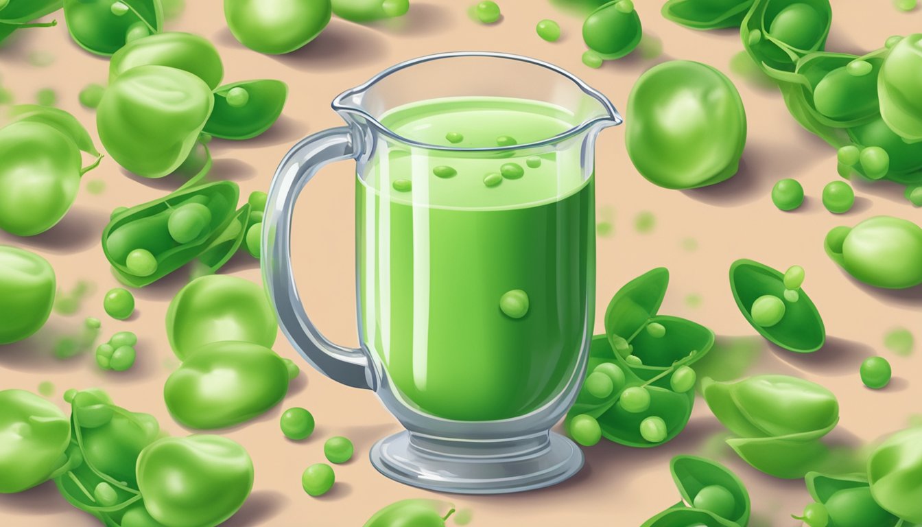 A pitcher of pea milk overflowing with peas, surrounded by empty glasses