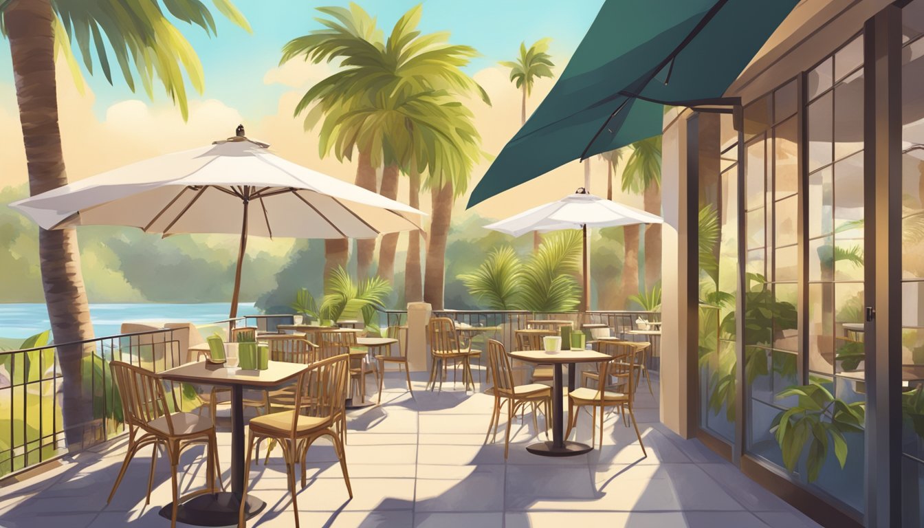 A sunny outdoor cafe with palm trees, serving artisanal coffee and fresh avocado toast