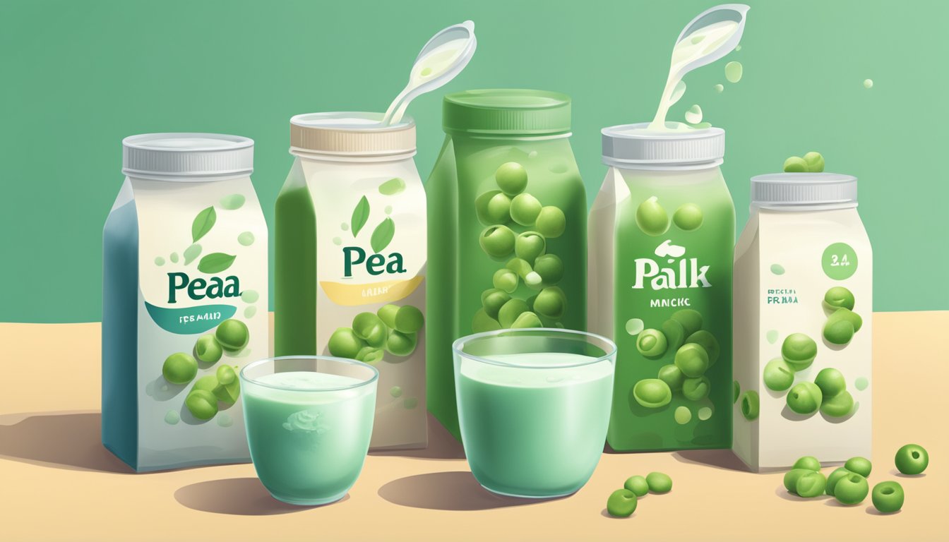 A table with various sizes of pea milk cartons stacked on top of each other, with a measuring cup filled with pea milk next to them