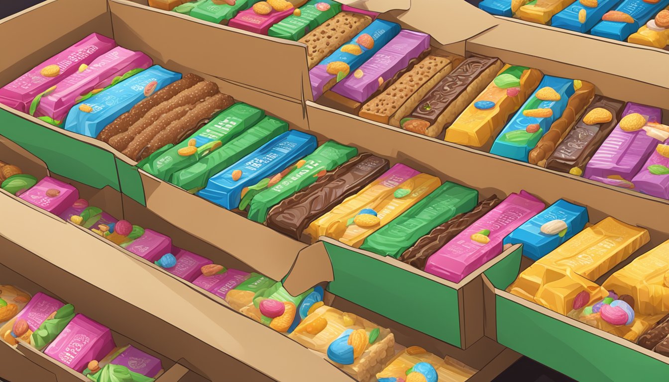 A colorful array of Sunbelt Bakery bars overflowing from a large, open box, with a few scattered on a table