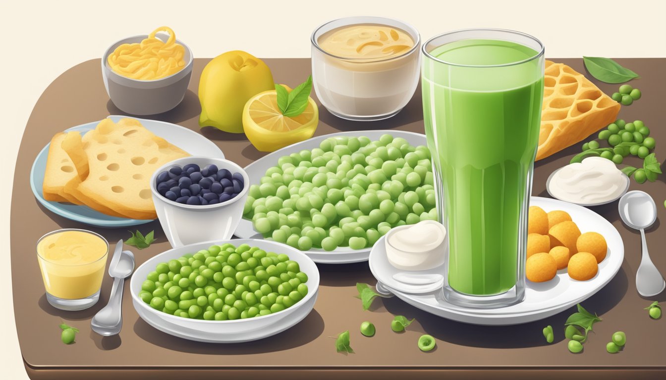 A table with various food groups and servings, a glass of pea milk with question marks