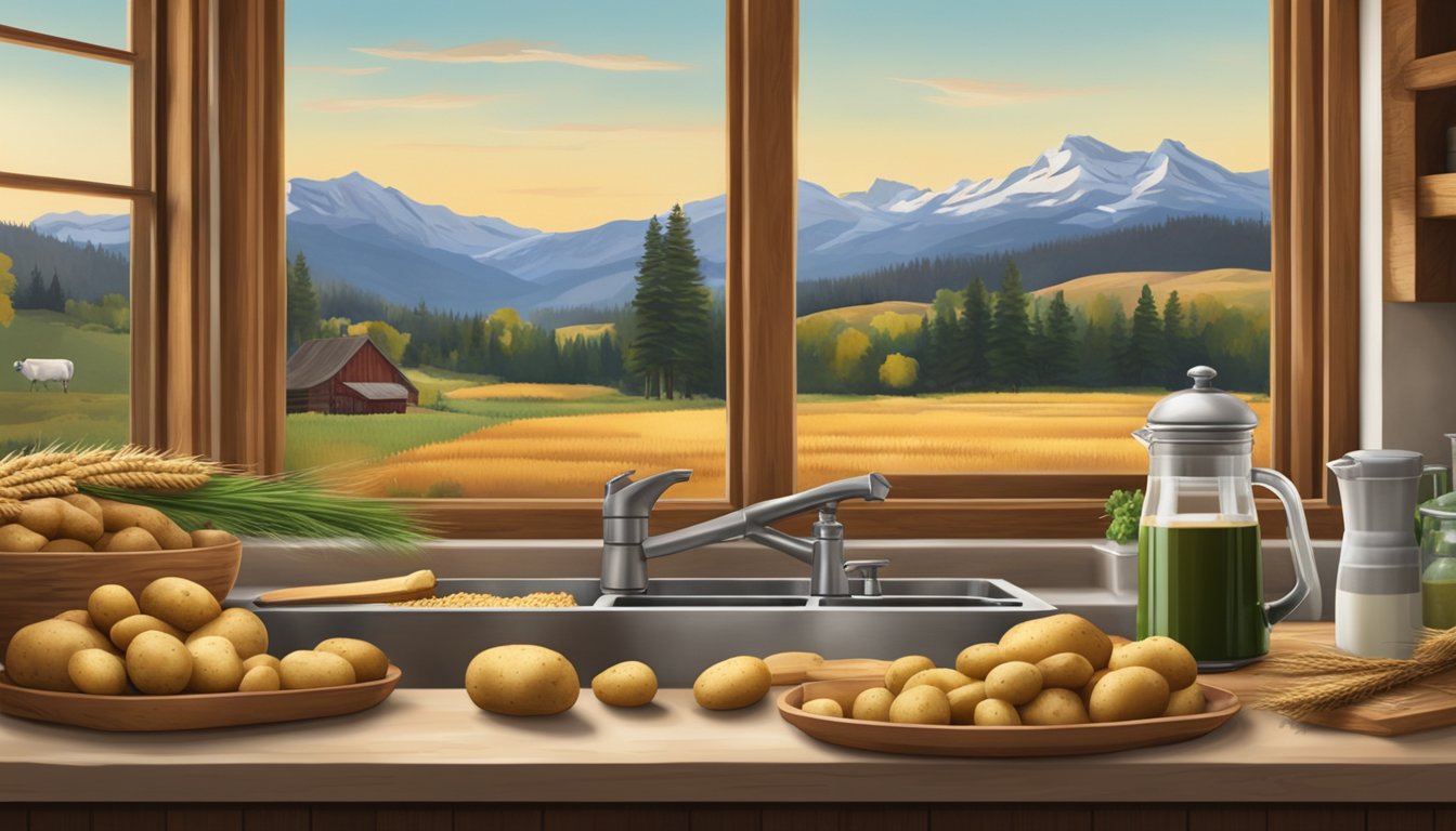 A rustic kitchen counter with potatoes, wheat, dairy, and beef, surrounded by Idaho's natural scenery