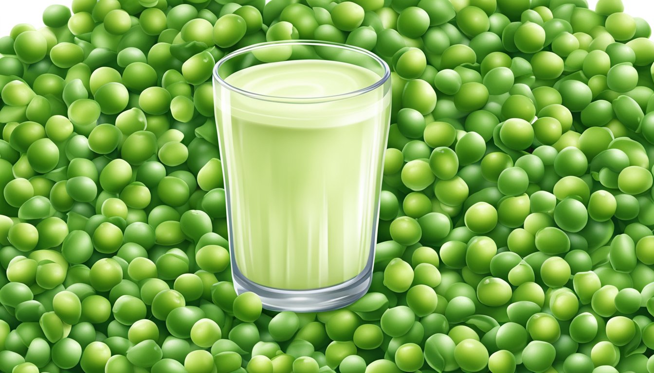 A glass of pea milk overflowing with peas, surrounded by a pile of peas