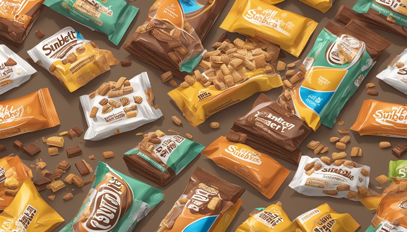 A table with an overflowing pile of Sunbelt Bakery bars, spilling out of torn packaging