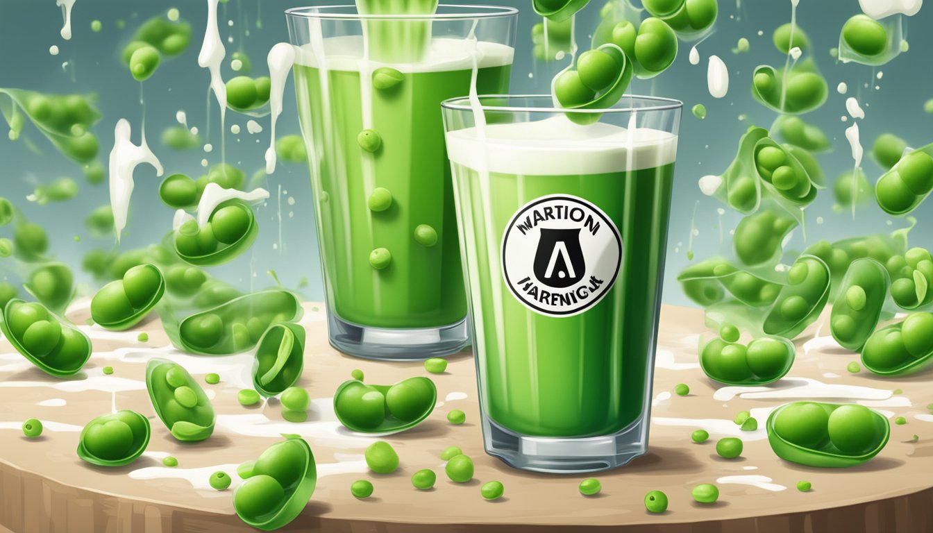 A towering glass of pea milk overflowing with peas, surrounded by caution signs and warning labels