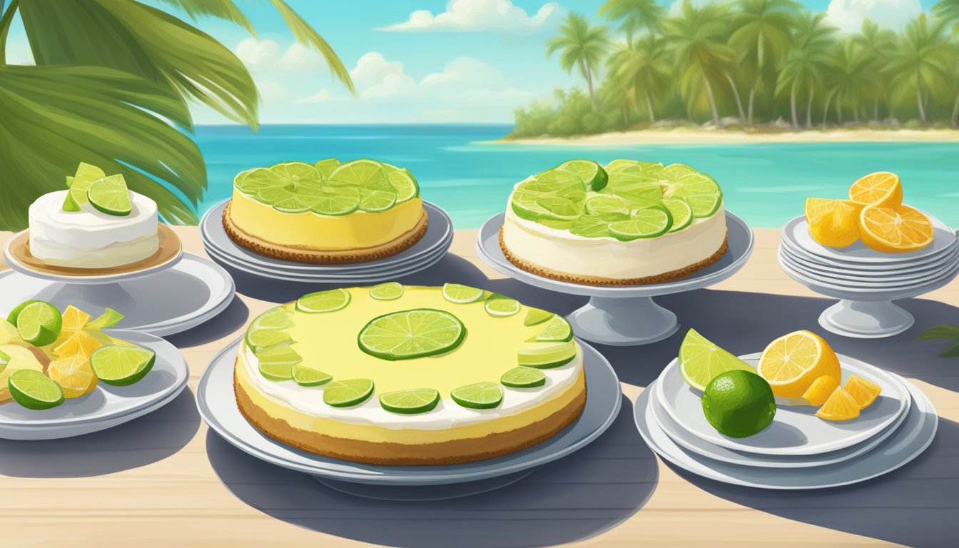 A table filled with key lime pie, key lime cheesecake, and citrus-infused desserts, surrounded by palm trees and a sunny beach backdrop