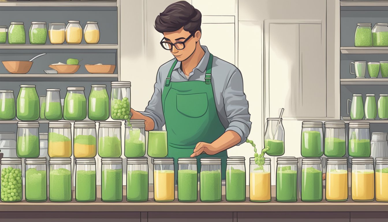 A person pouring multiple glasses of pea milk, with a concerned expression as they question how many servings is too much