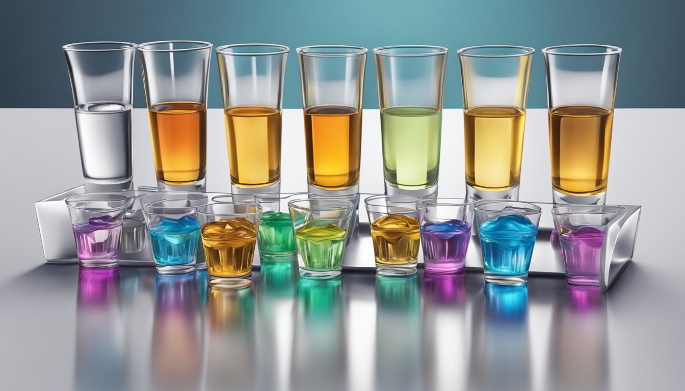 A table with multiple shot glasses filled with varying amounts of vodka, some nearly overflowing