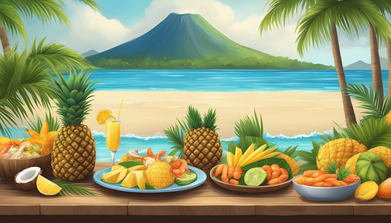 A tropical beach with palm trees, a volcano in the distance, and a table filled with pineapples, coconuts, and fresh seafood