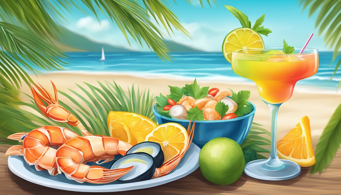 A vibrant beach scene with palm trees, a colorful cocktail, and a plate of fresh seafood