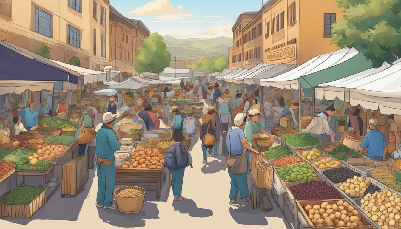 A bustling market with diverse food stalls, featuring dishes from around the world. A sign reads "Idaho Cuisine" with images of potatoes and huckleberries