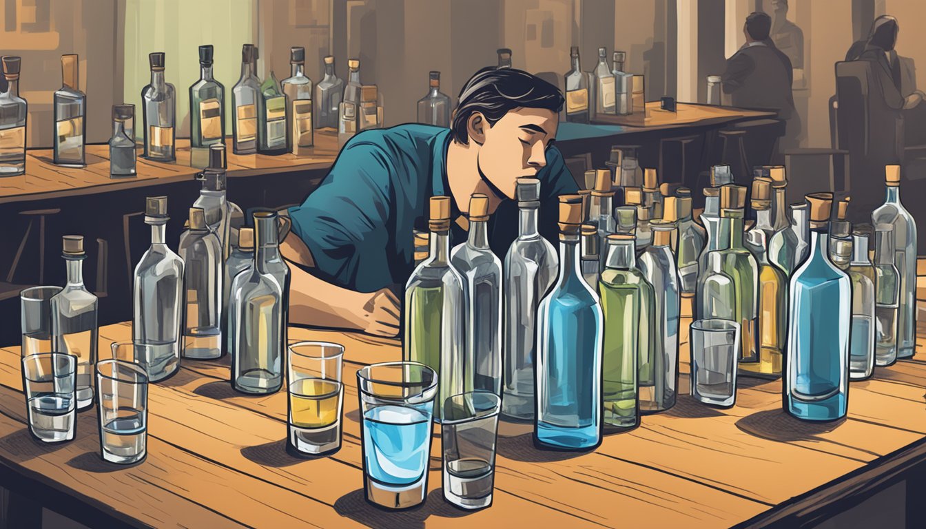 A table with multiple empty vodka bottles, scattered shot glasses, and a person slumped over in the background