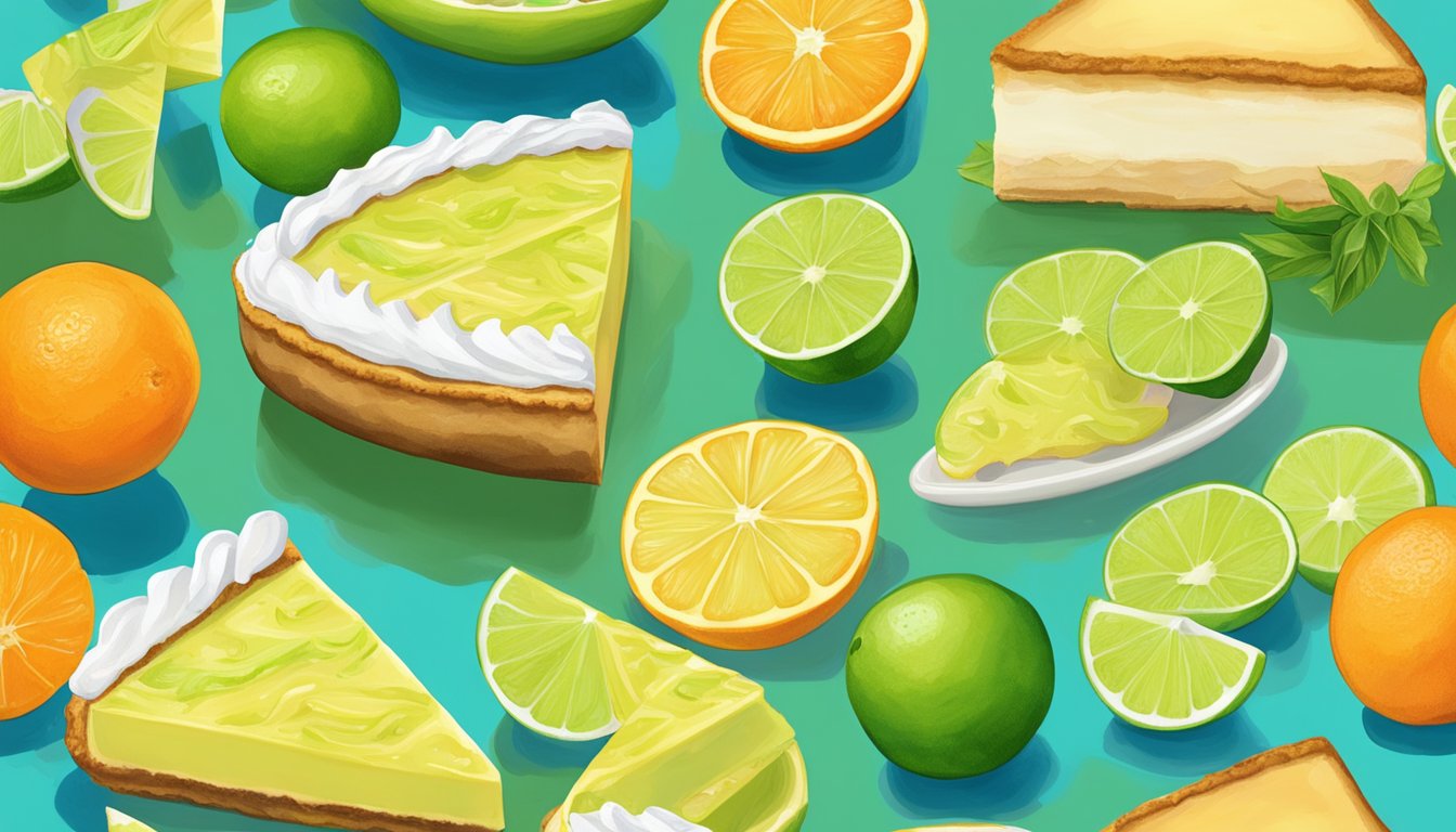 A vibrant beach scene with a colorful array of Florida's famous food: key lime pie, Cuban sandwiches, seafood, and oranges