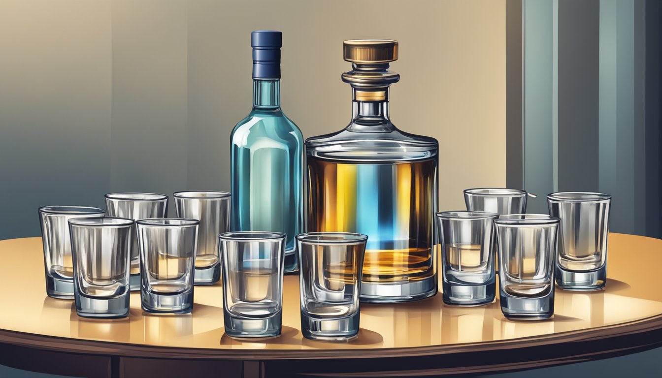 A table with multiple empty shot glasses and a bottle of vodka