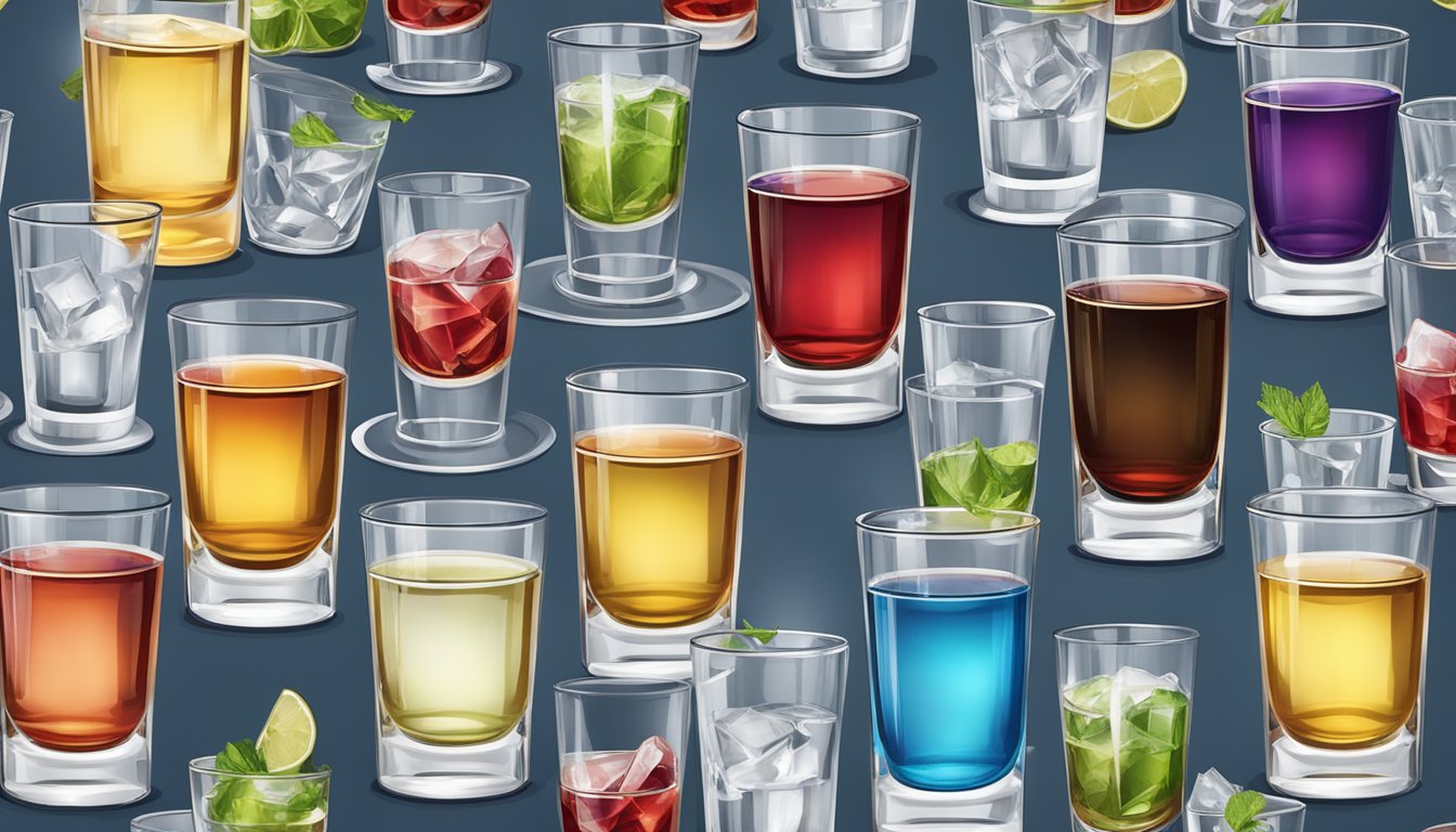 A table with multiple shot glasses filled with varying amounts of vodka, alongside other alcoholic beverages for comparison