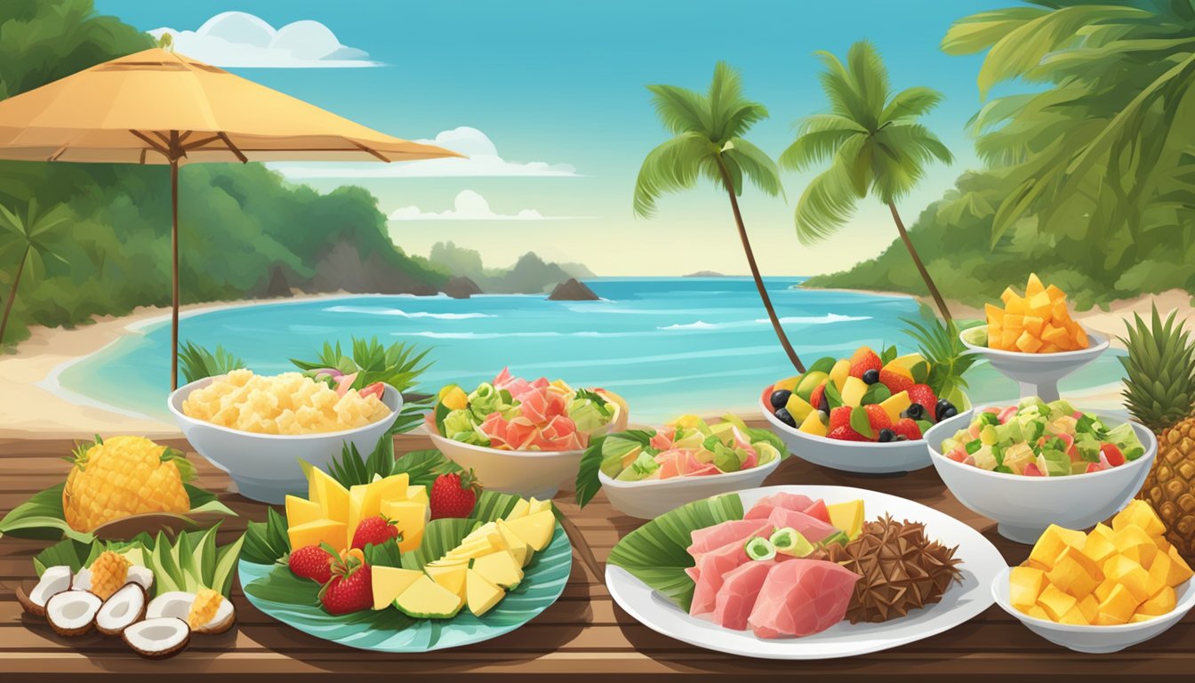 A tropical beach setting with a spread of traditional Hawaiian dishes like poke, kalua pig, poi, and fresh fruits like pineapple and coconut