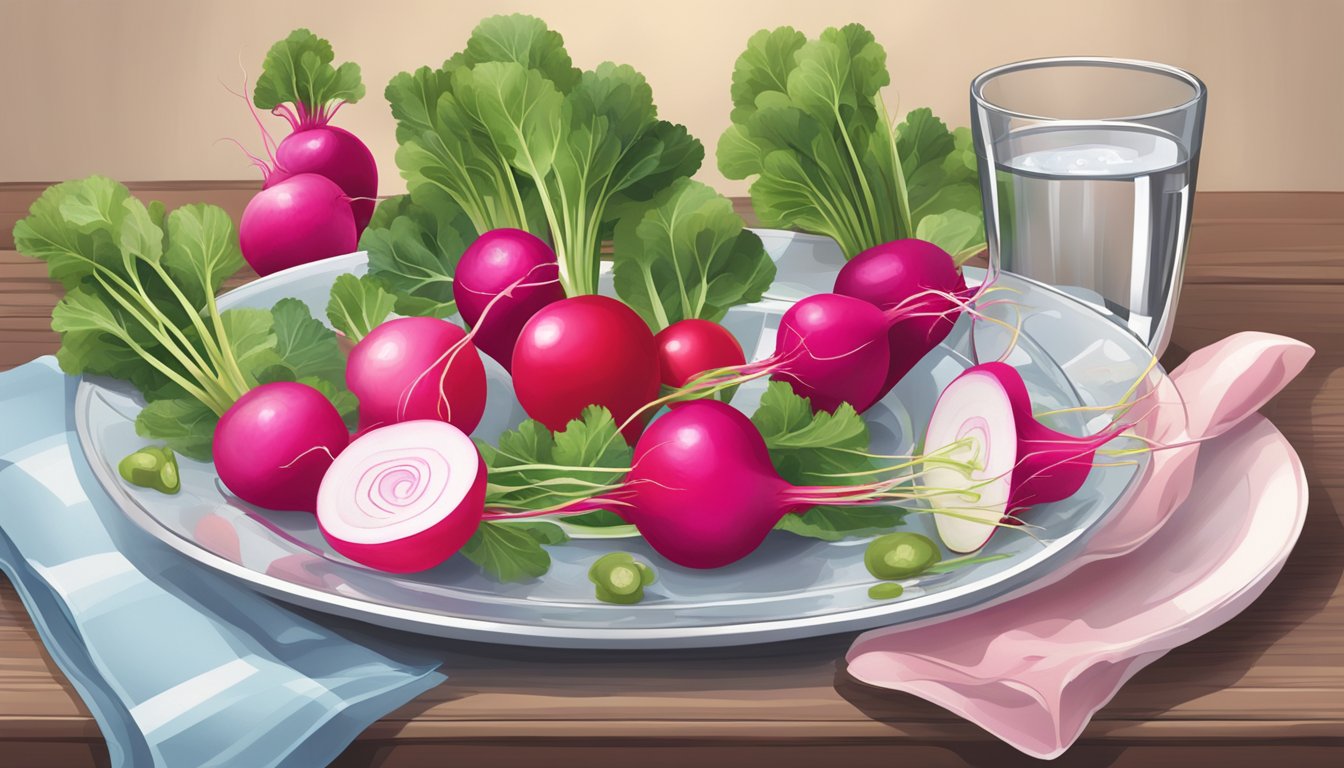 A table set with a variety of radishes, arranged in an appealing display. A glass of water and a plate with a few radishes eaten