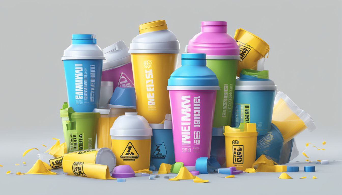 A towering stack of protein shake containers, overflowing and spilling onto the floor, with caution tape and warning signs nearby