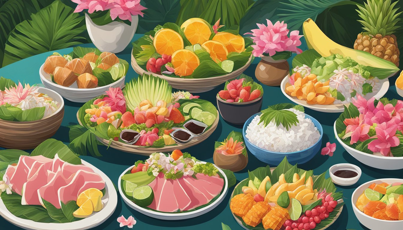 A table overflowing with colorful plates of poke, kalua pig, and poi, surrounded by lush tropical fruits and flowers