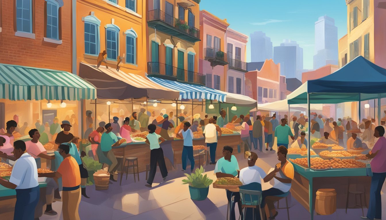 A bustling market with vendors selling gumbo, jambalaya, beignets, and po'boys. A live jazz band plays in the background, adding to the vibrant atmosphere