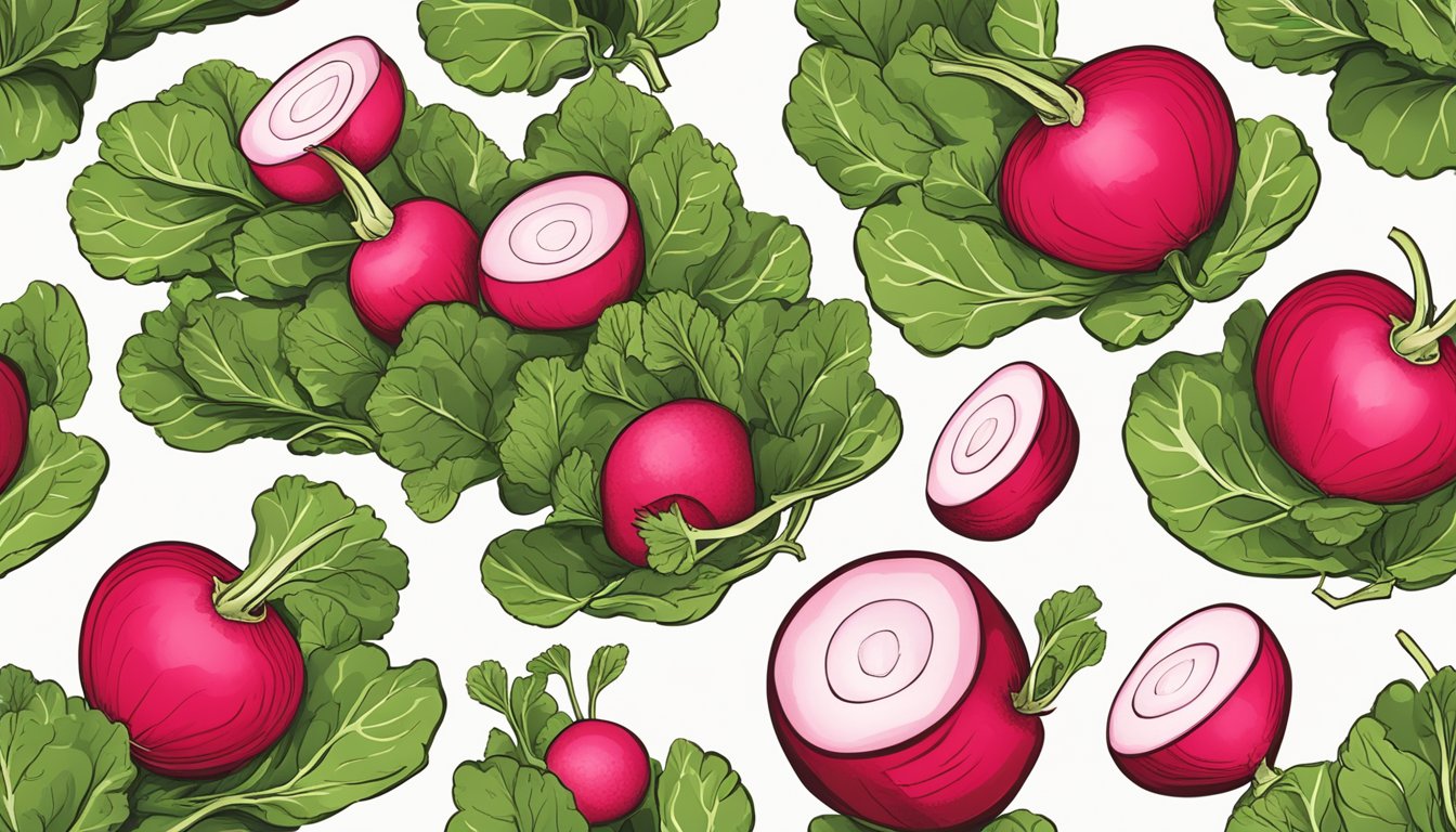 A bowl of radishes arranged in a visually appealing manner, with a few radishes cut open to reveal their vibrant red and white interior