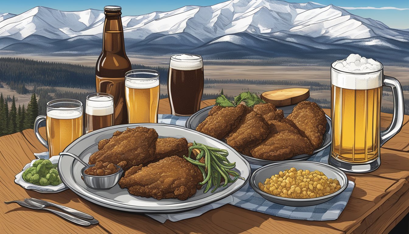 A rustic table set with iconic Colorado foods: Rocky Mountain oysters, bison steaks, green chili, and craft beer. Snow-capped mountains in the background