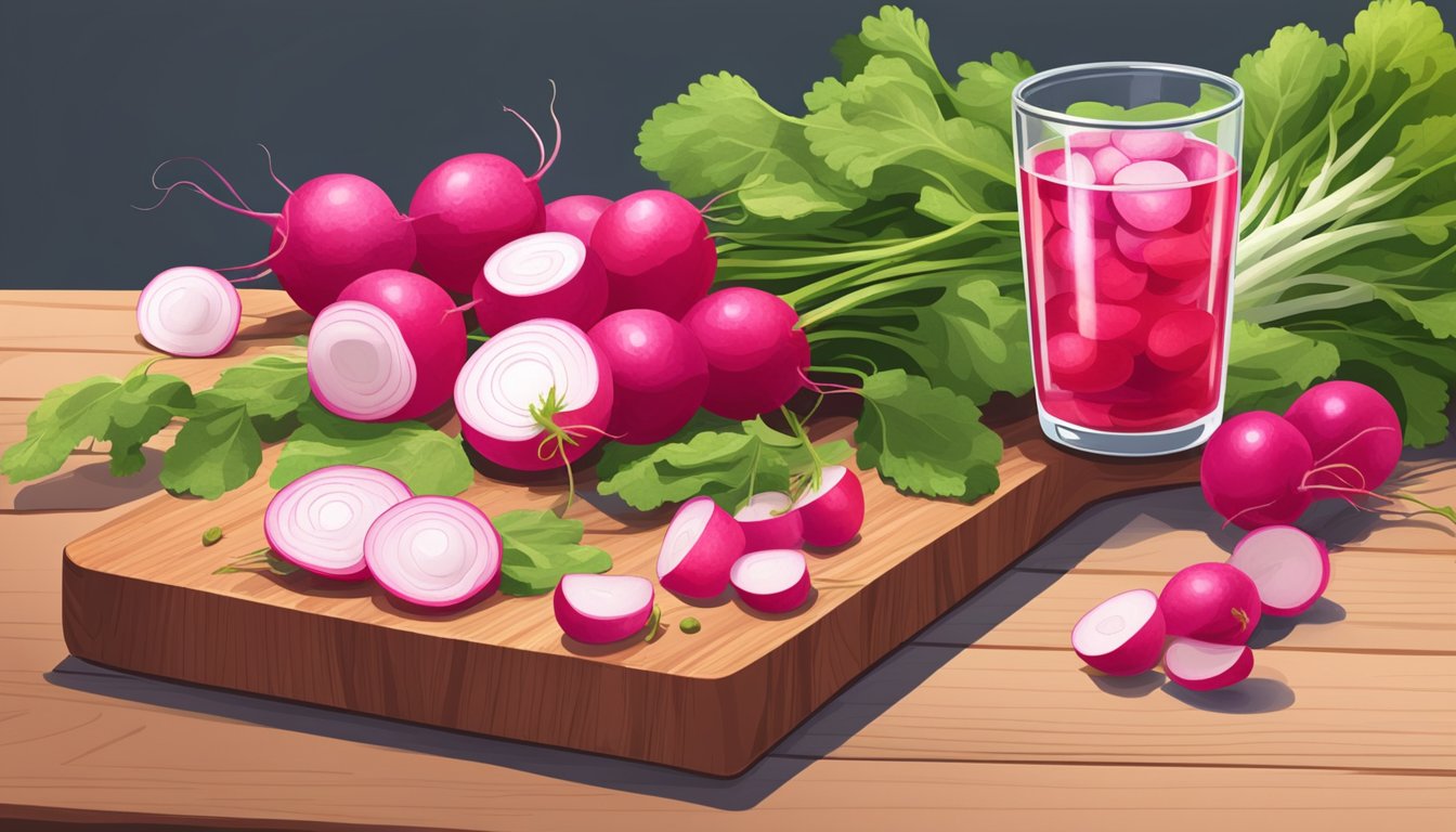 A pile of fresh radishes arranged on a wooden cutting board, with a few slices scattered around and a glass of water nearby