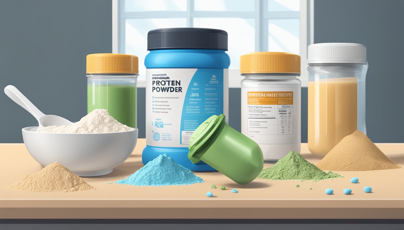 A table with multiple empty shaker bottles and scoops of protein powder scattered around. A nutrition label with serving sizes and ingredients is prominently displayed