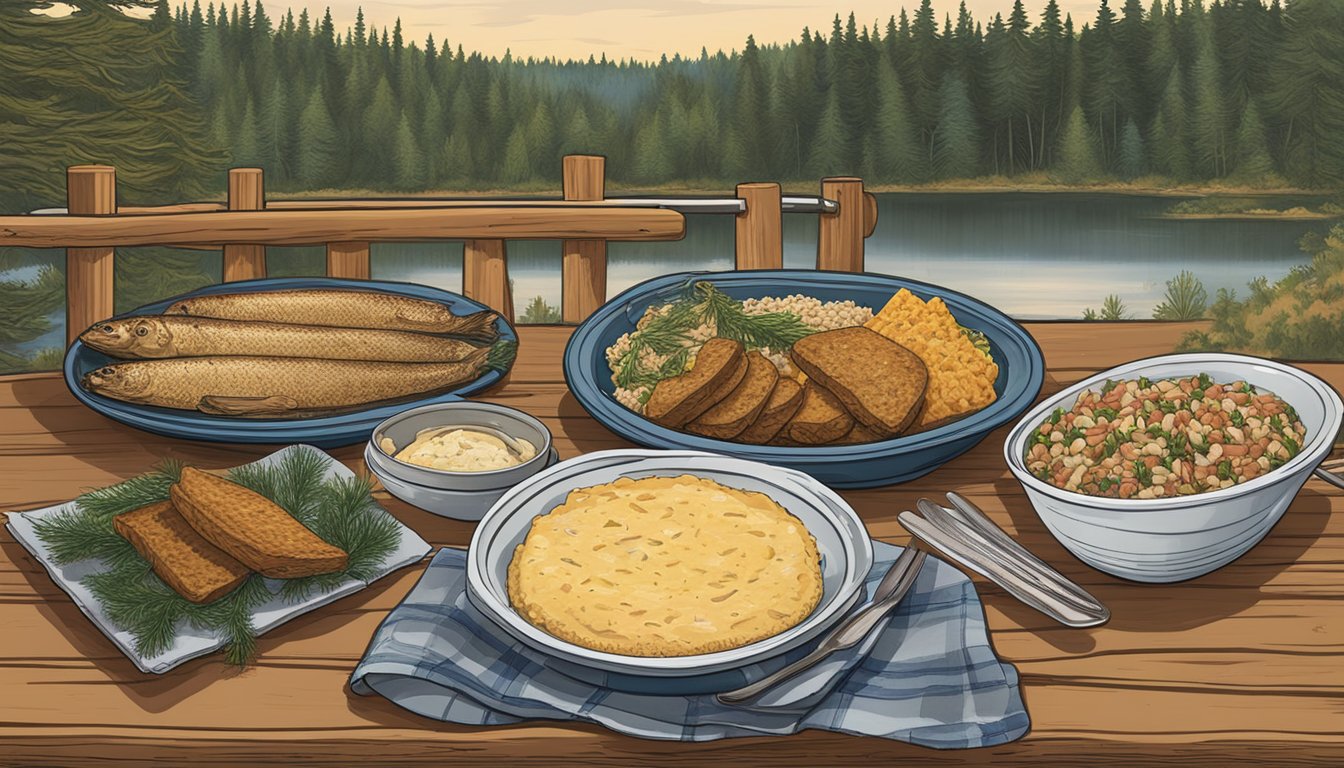 A table set with a spread of Minnesota cuisine: hotdish, walleye, wild rice, and lefse. A log cabin and pine trees in the background