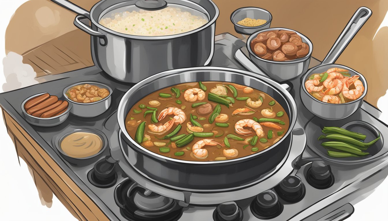 A bubbling pot of gumbo simmering on a stove, filled with shrimp, okra, and andouille sausage. A chef sprinkles in a blend of Cajun spices