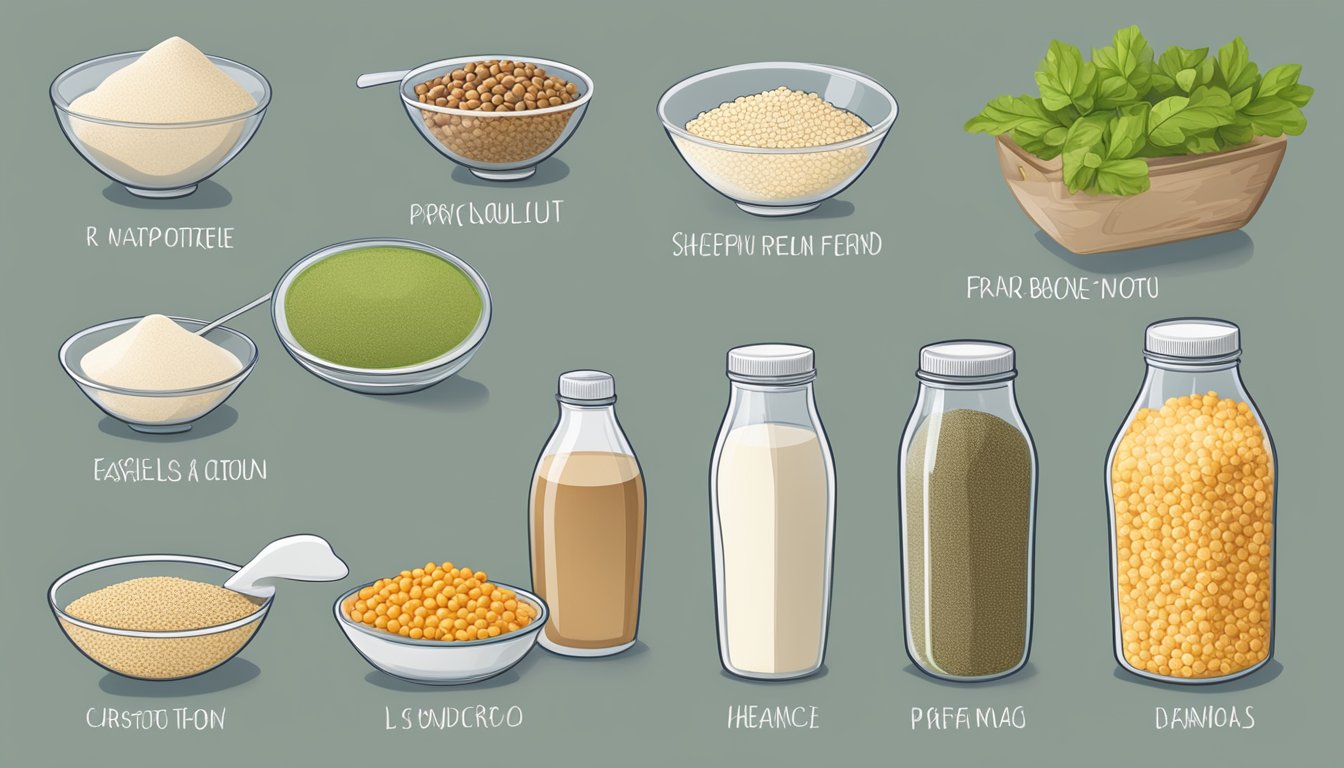 A table with various protein sources - tofu, lentils, quinoa, and a container of Optimum Nutrition shake