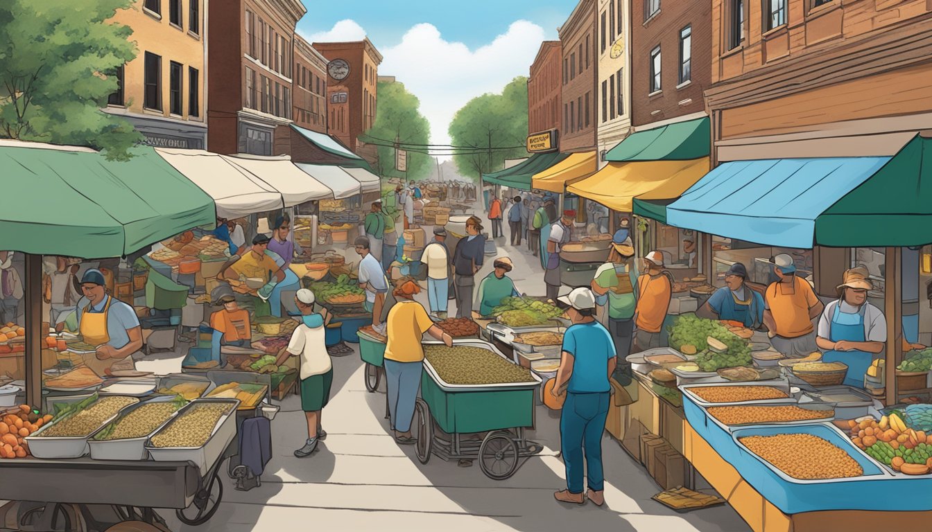 A bustling street market with vendors selling hotdish, walleye, and wild rice soup, surrounded by the iconic Minnesota landscape