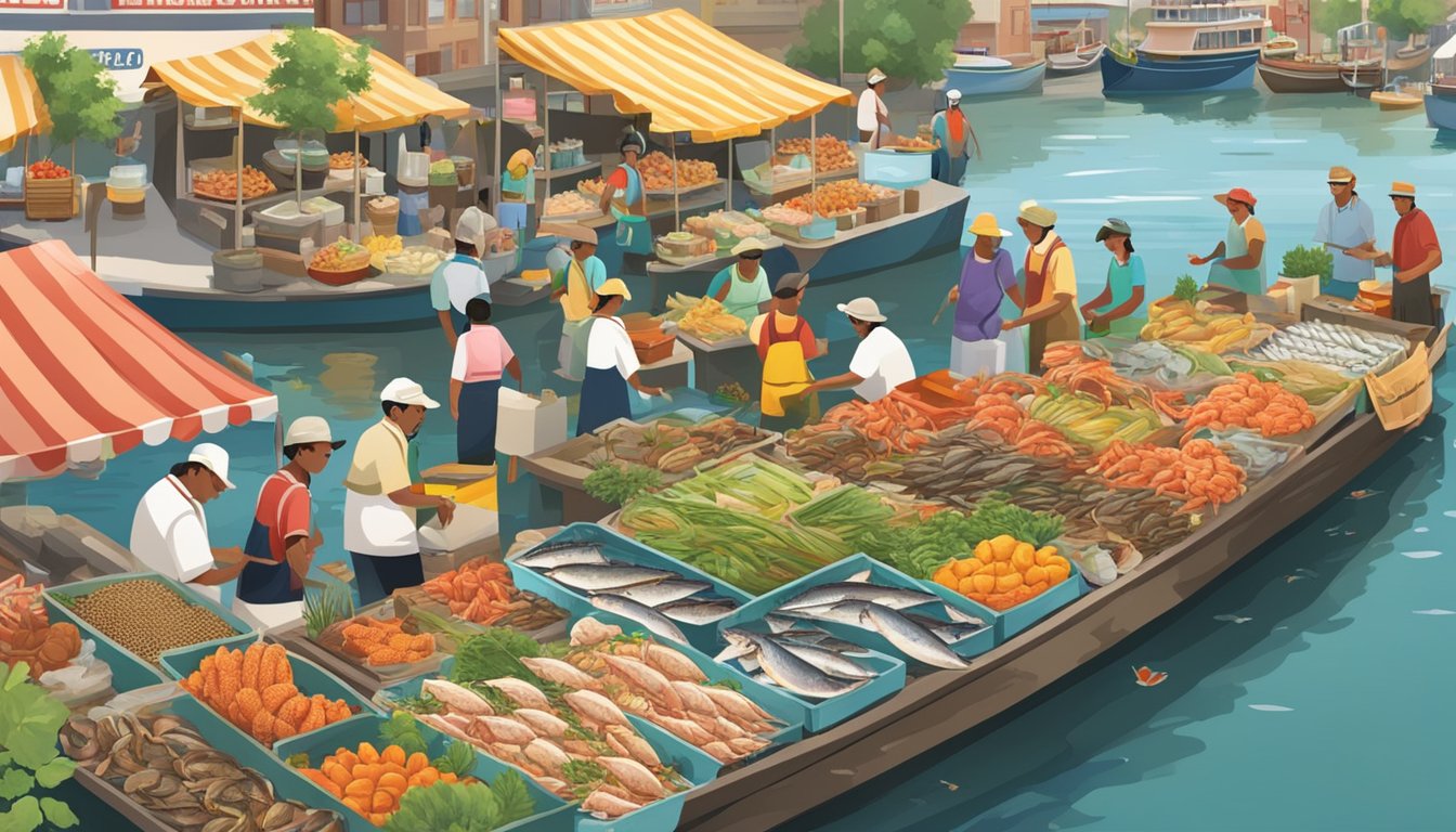 A bustling seafood market by a scenic river, with colorful displays of fresh fish, crabs, and other river delicacies