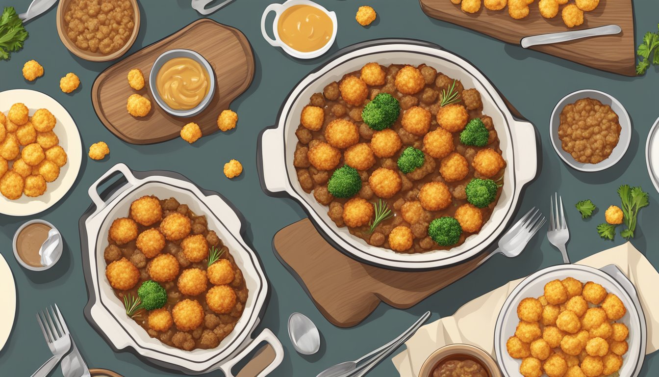 A steaming hot dish of tater tot hotdish, topped with crispy golden brown tater tots and filled with a hearty mix of ground beef, vegetables, and creamy sauce