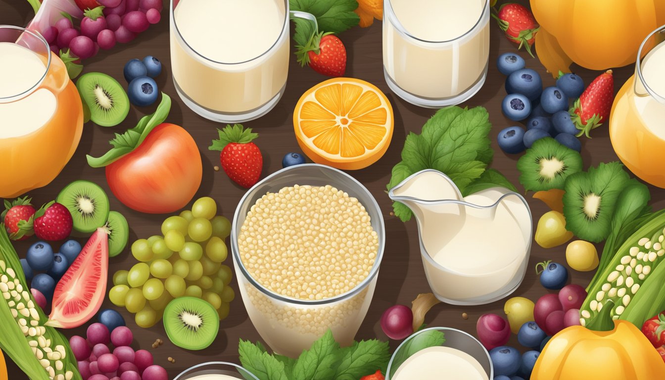 A glass of millet milk overflowing with grains, surrounded by a variety of colorful fruits and vegetables