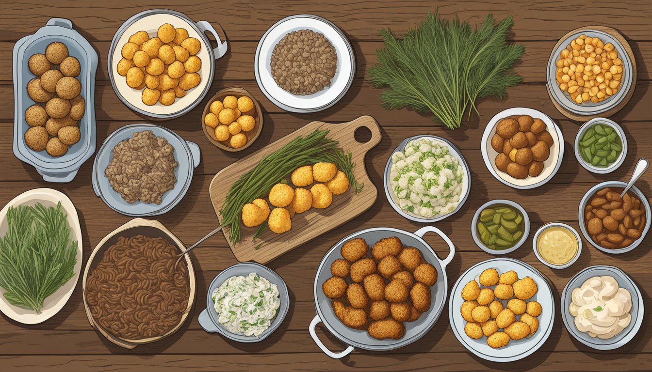 A spread of Minnesota's famous side dishes and ingredients, including wild rice, hotdish, tater tots, and lutefisk, arranged on a rustic wooden table