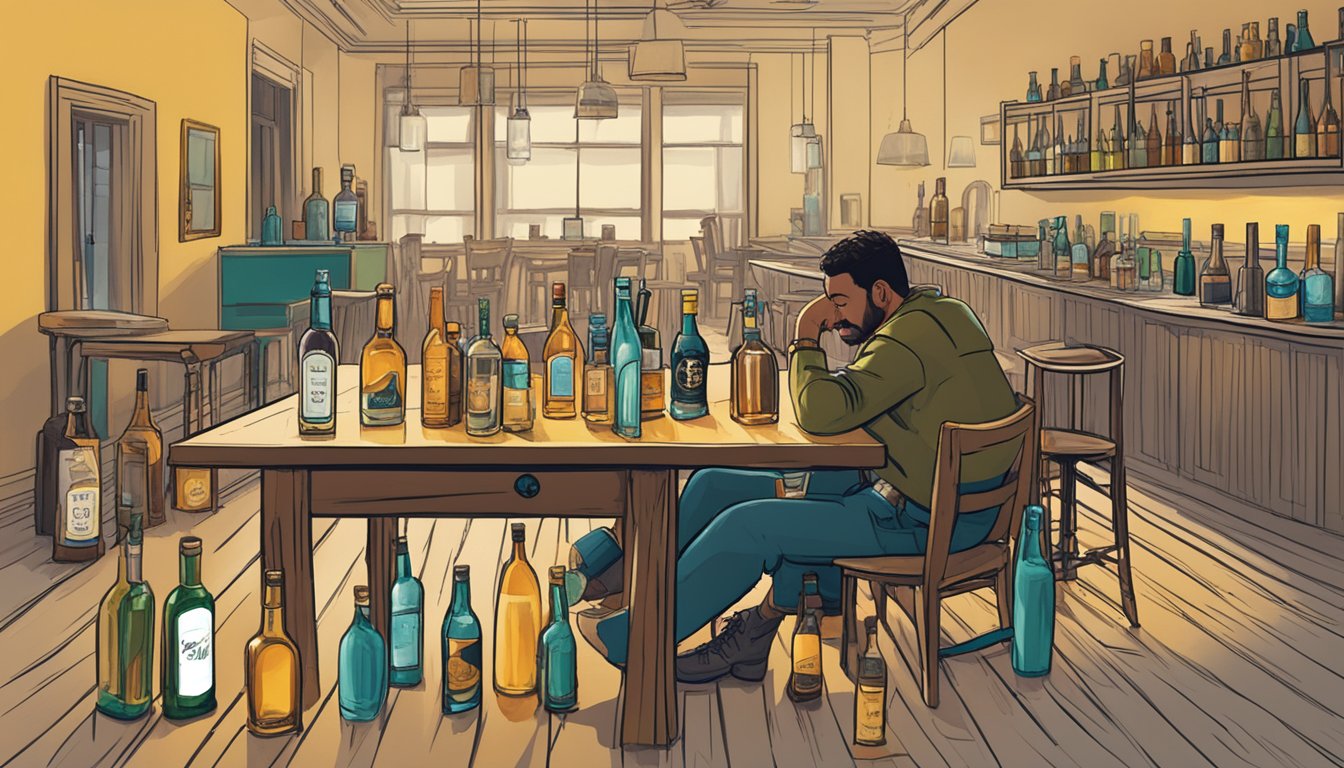 A table with multiple empty rum bottles, a spilled drink, and a person slumped over in a chair