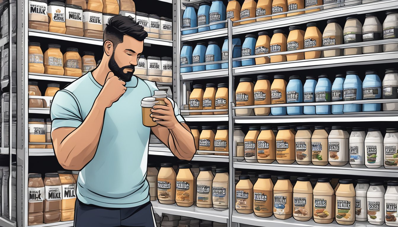 A shelf filled with rows of Muscle Milk Pro shakes, with a person holding one in their hand, looking at the nutrition label with a concerned expression