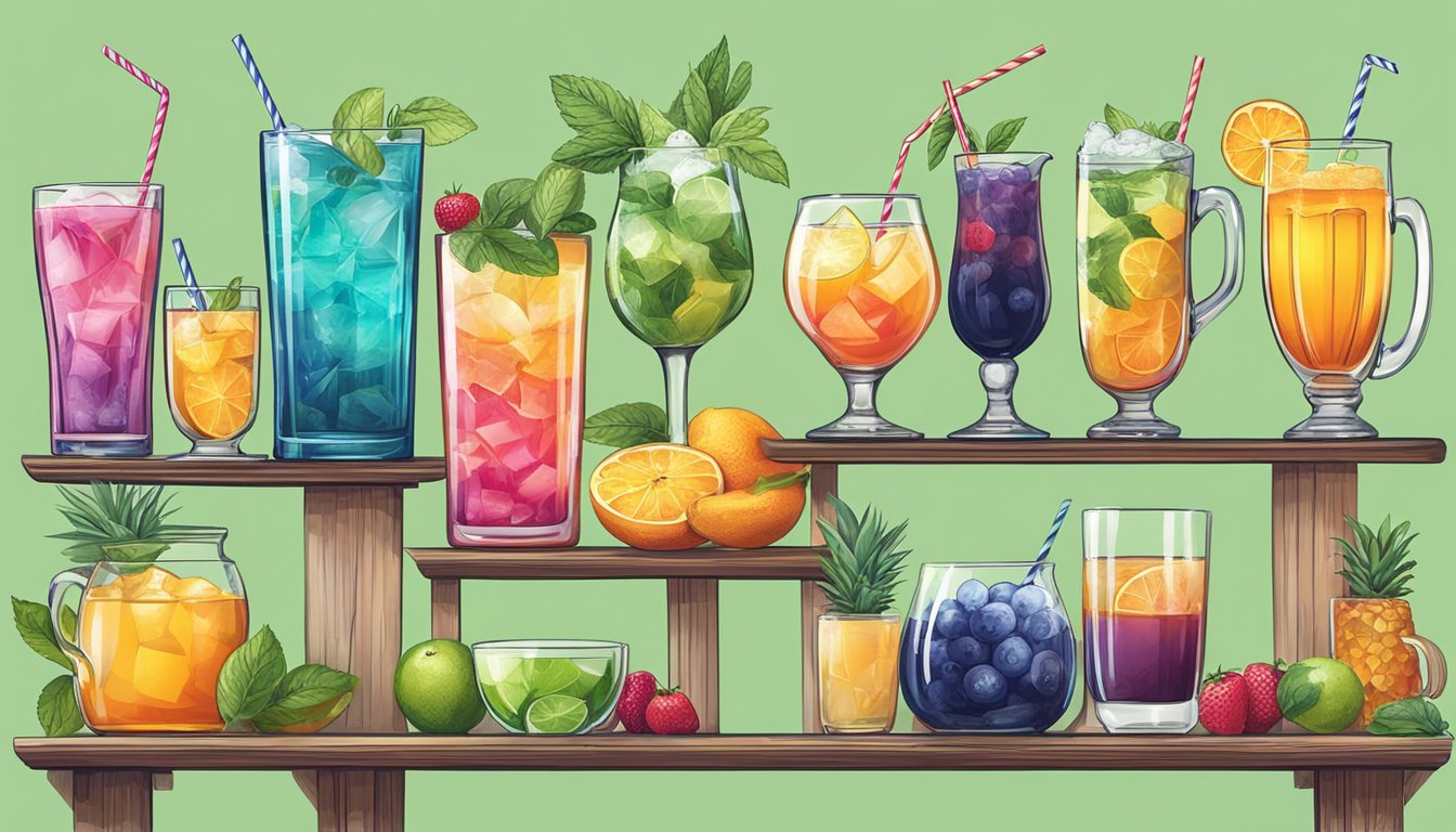 A table with various non-alcoholic drinks like mocktails, fruit juices, and herbal teas displayed in colorful glassware