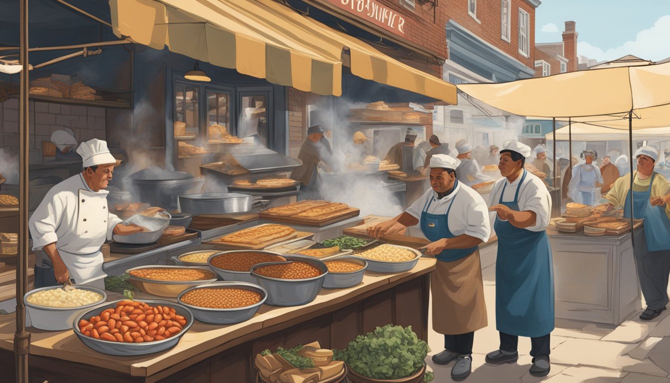 A bustling colonial market with vendors selling clam chowder, lobster rolls, and Boston baked beans. A chef grills fresh cod while a baker displays pies