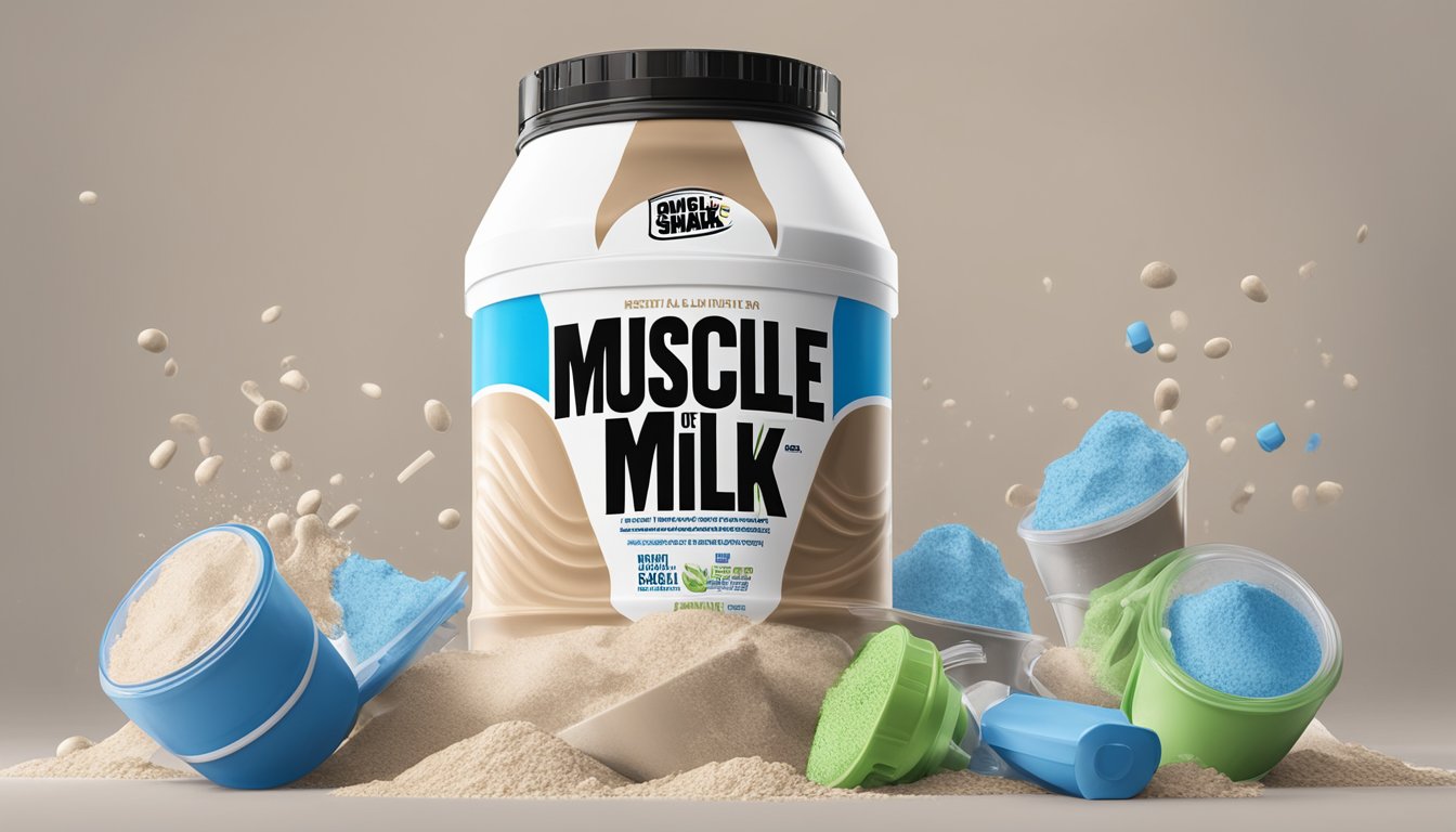 A stack of empty Muscle Milk Pro shake bottles, overflowing from a trash can, surrounded by discarded protein powder scoops