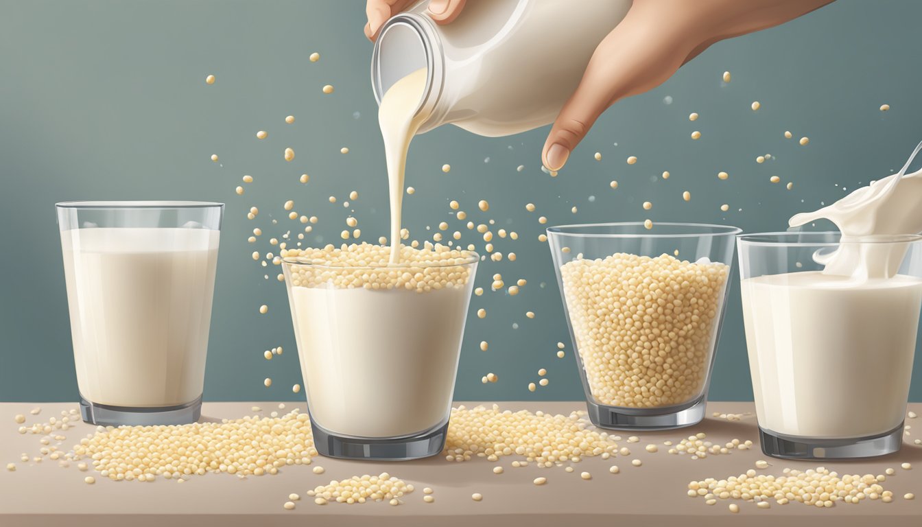 A person pouring multiple cartons of millet milk into a large glass, overflowing with milk spilling onto the counter