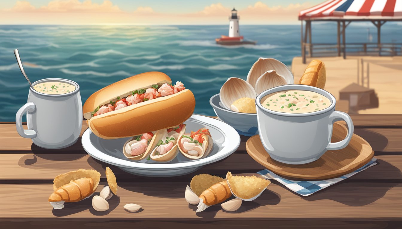 A lobster roll and clam chowder sit on a wooden table by the sea, surrounded by seashells and a lighthouse in the background