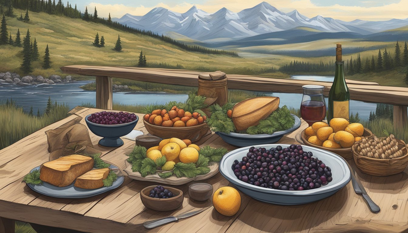 A rustic table set with a spread of wild game, huckleberries, and locally grown produce, surrounded by the rugged landscapes of Montana