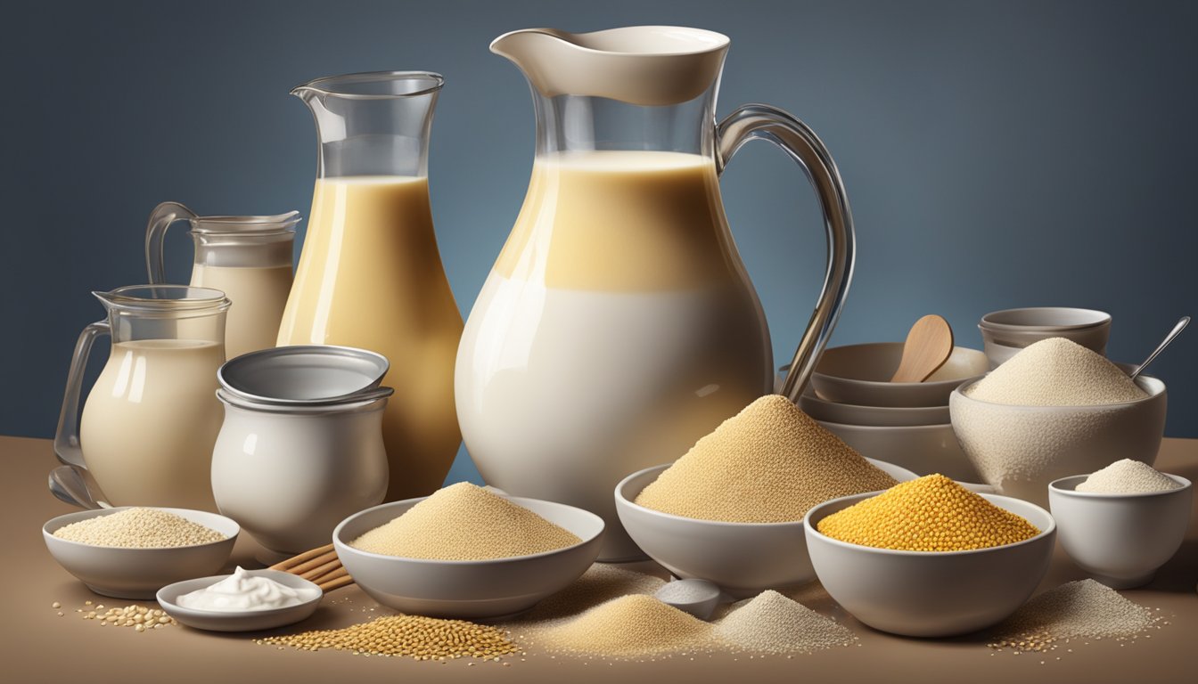 A pitcher overflowing with millet milk, surrounded by various dishes and utensils, indicating its versatile use in culinary creations