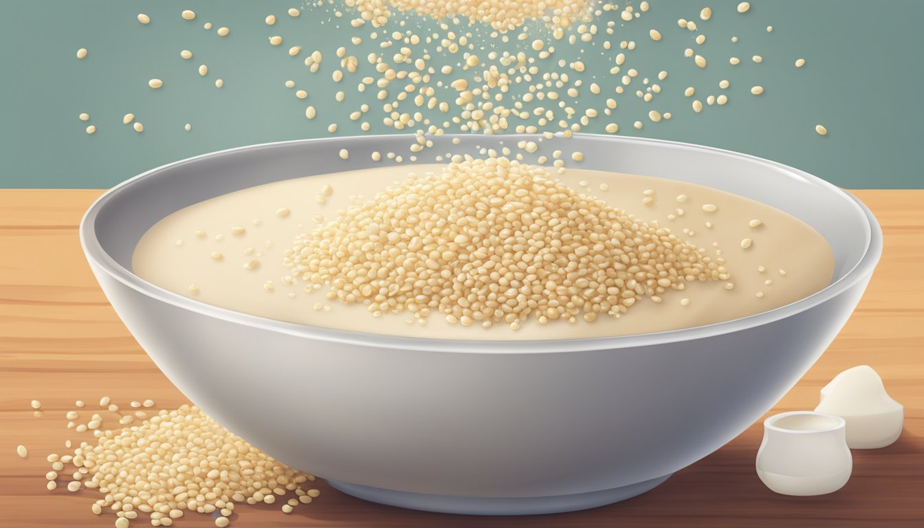 A bowl of quinoa milk overflowing with grains, spilling onto a kitchen counter