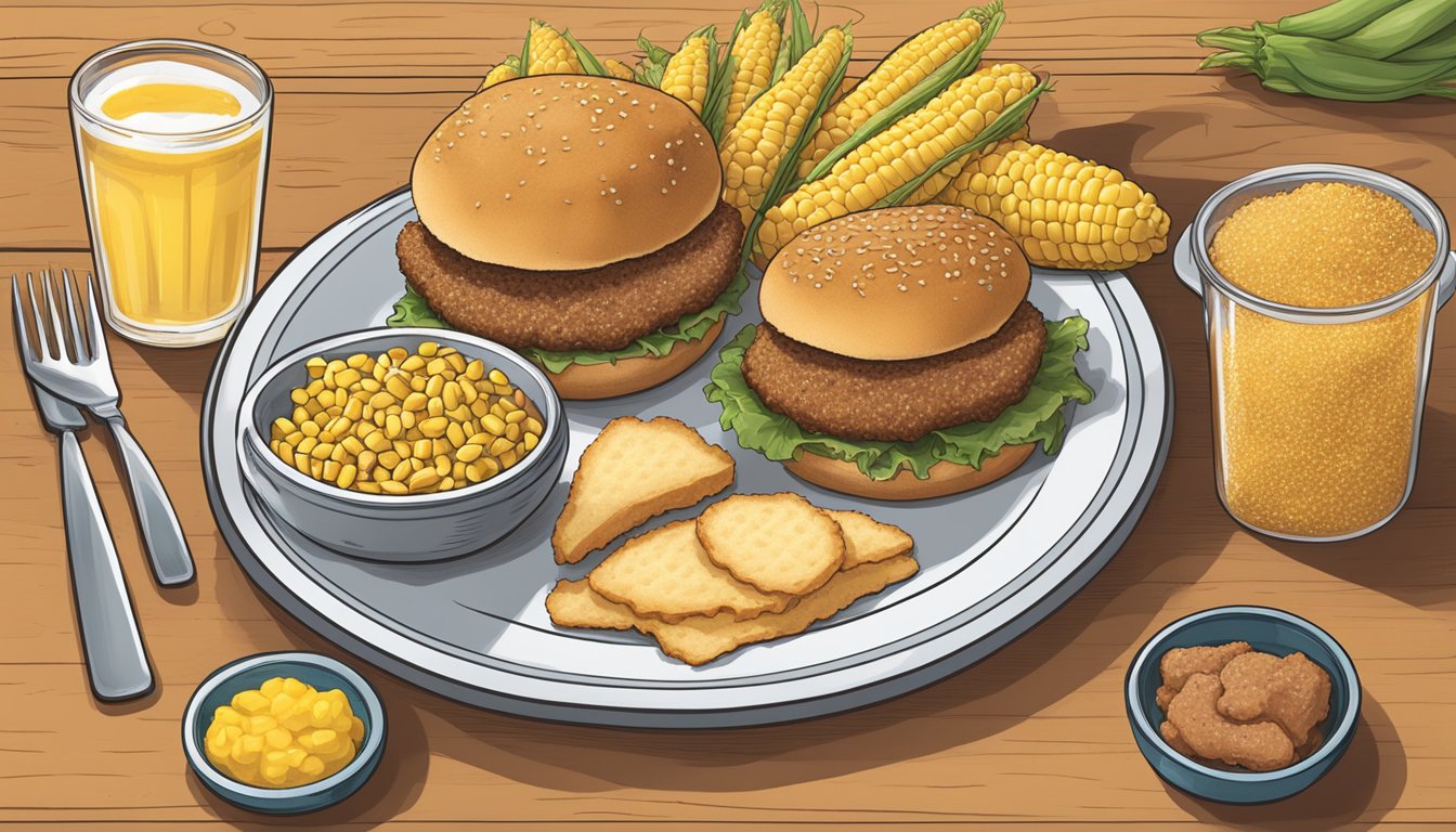 A table spread with Iowa's famous regional specialties: pork tenderloin sandwich, corn on the cob, and breaded pork chops