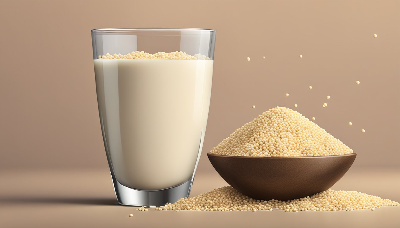 A glass of quinoa milk overflowing with quinoa grains, surrounded by multiple empty glasses